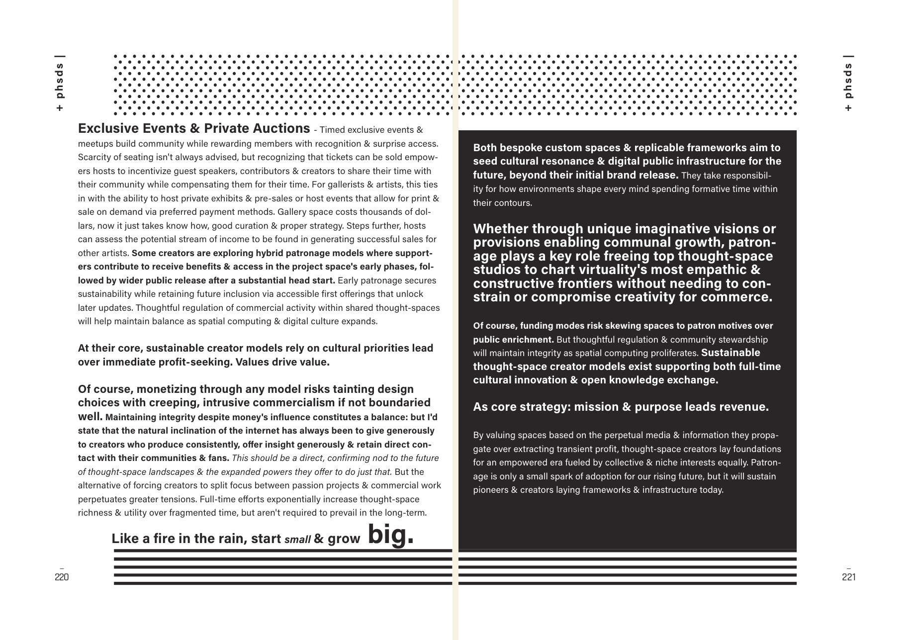 Spread from The Bridge, pages 220-221: the passage 'Like a fire in the rain, start small and grow big'