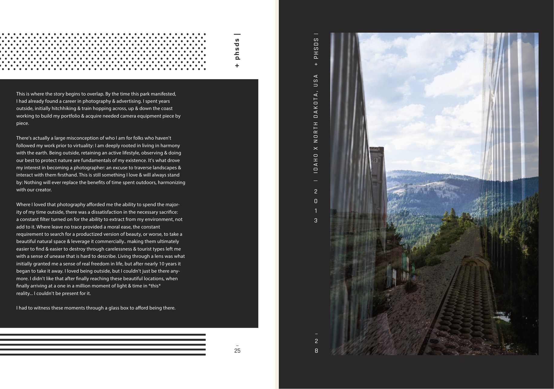 Spread from The Bridge: the page on finding a career in photography and advertising, facing a full-page photograph from Idaho x North Dakota, 2013
