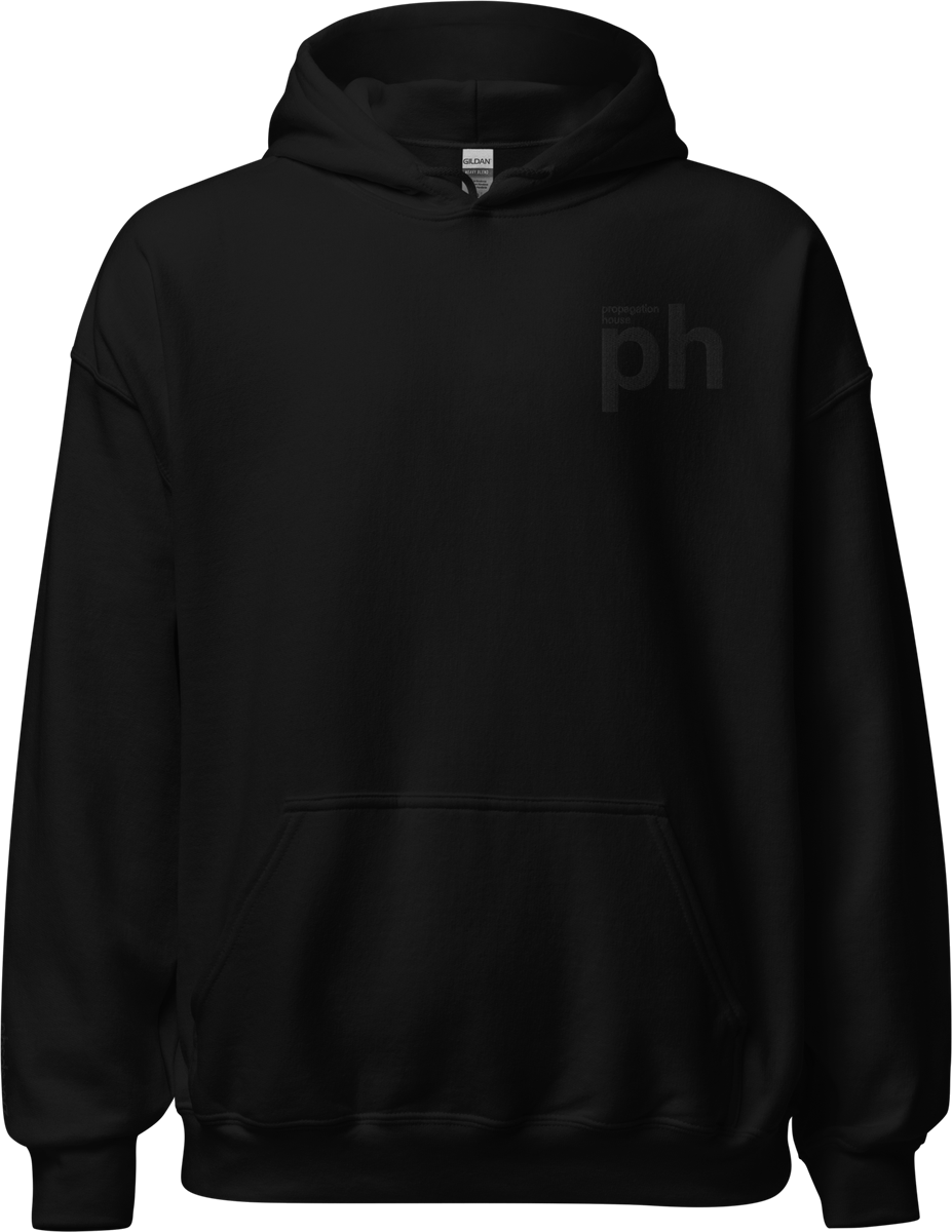 Studio Hoodie &mdash; black heavyweight fleece with a small mark at the chest