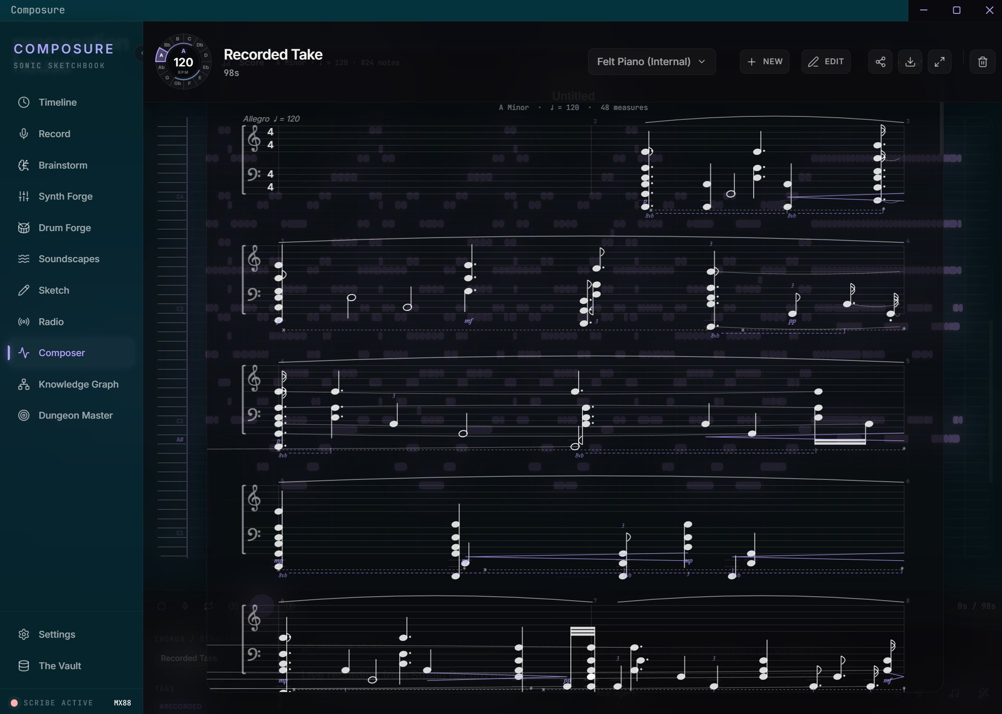 Composure's Composer room, showing engraved notation.