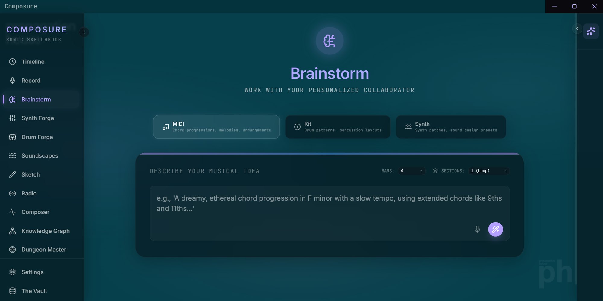 Composure's Brainstorm room with the agent panel open.