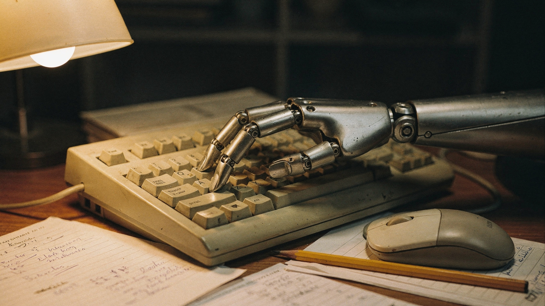 A close-up of a humanoid robotic hand resting on a vintage keyboard and mouse in a dim study.