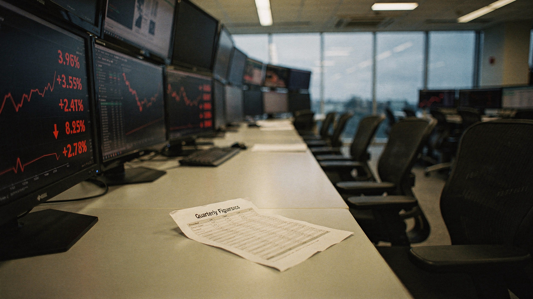 A documentary photograph of a stock-exchange trading floor at dawn, rows of dark monitors showing red downward charts, a single printed sheet of quarterly figures left face-down on a desk, no people, cold overhead light