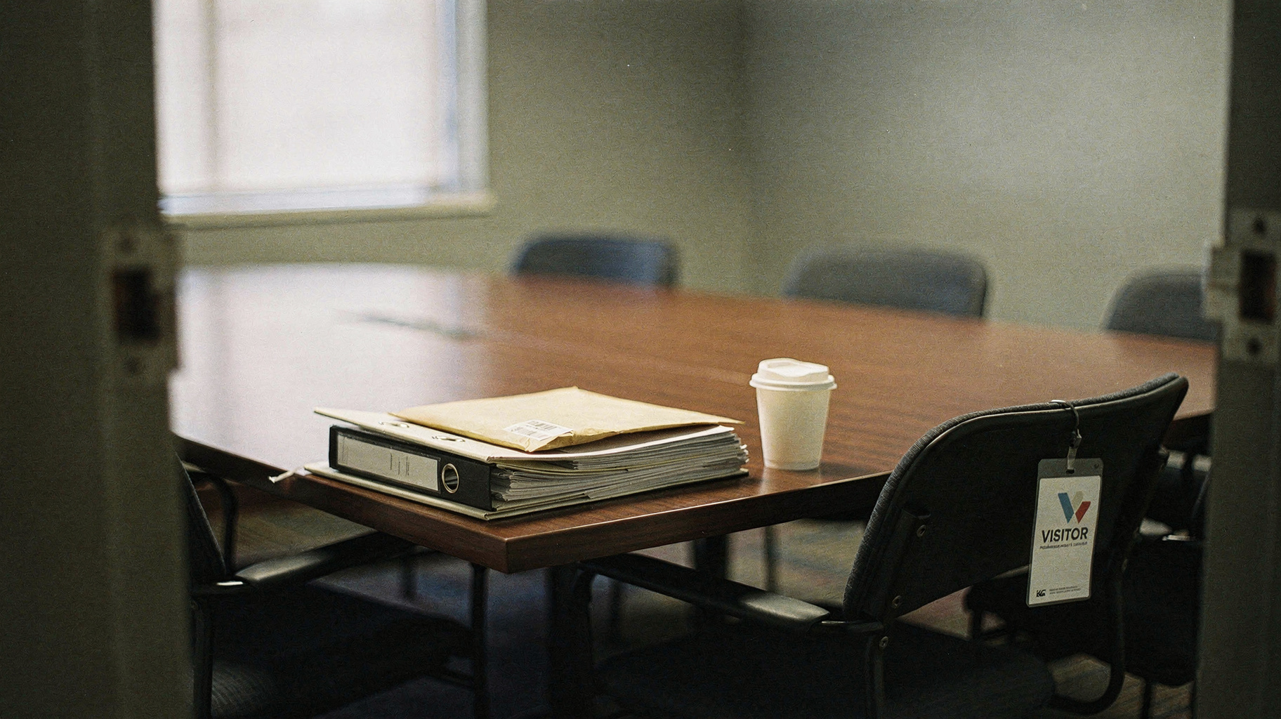 A conference room with a long table, a stack of binders and a sealed document, a single visitor's pass resting on the nearest chair
