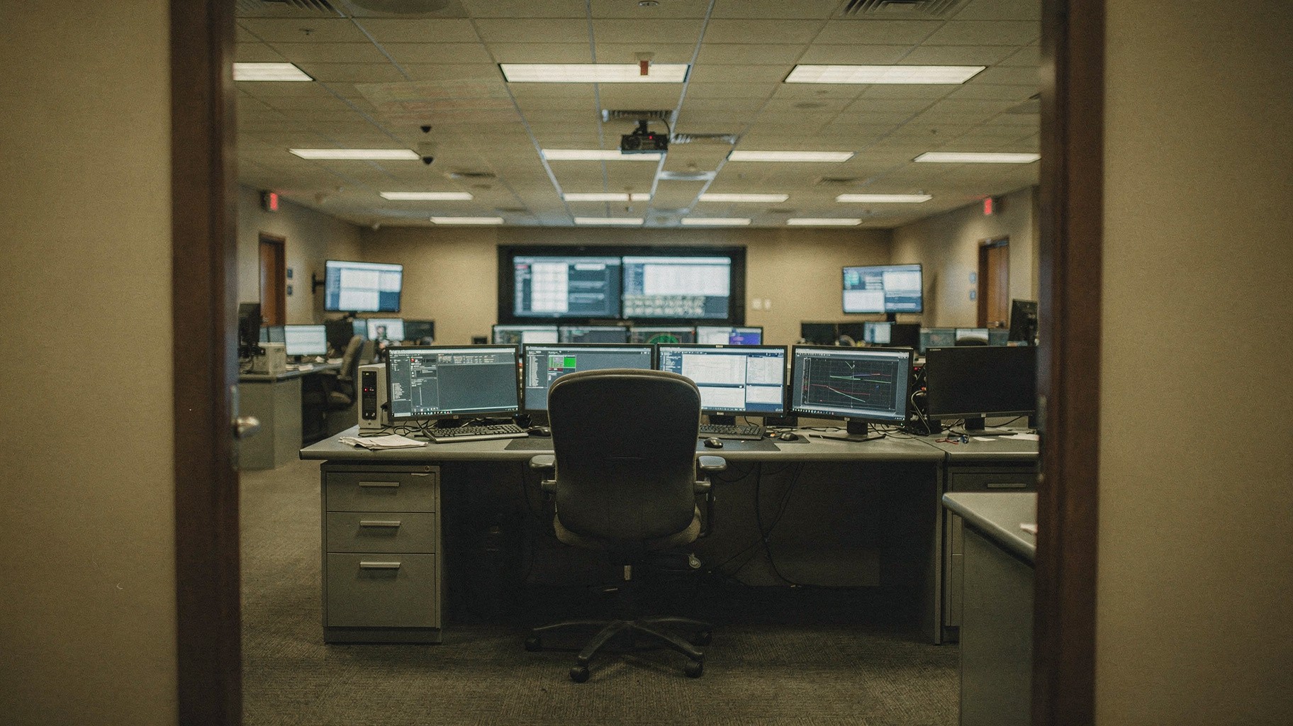 An unstaffed industrial control room at night, rows of dark consoles with small amber indicator lights, one empty operator chair turned slightly, rendered in dark olive and ink tones.