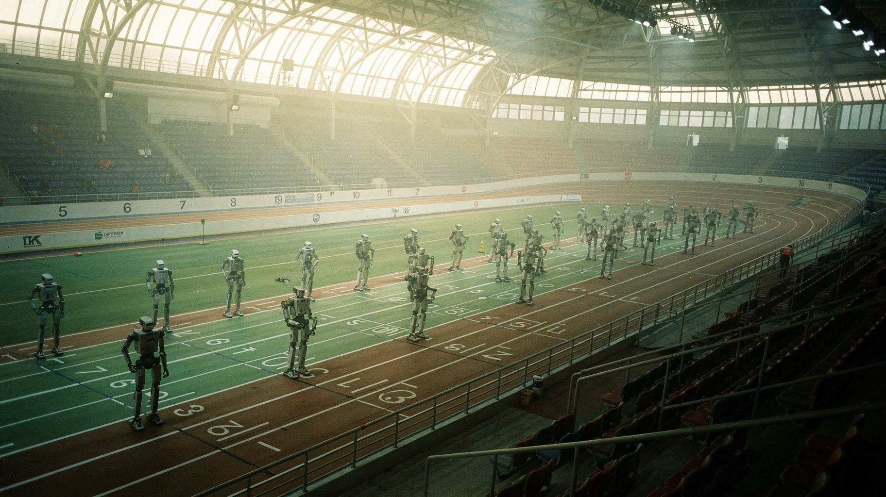 Rows of humanoid robots on a running track inside a vast speed-skating oval, rendered as an archival darkroom print.