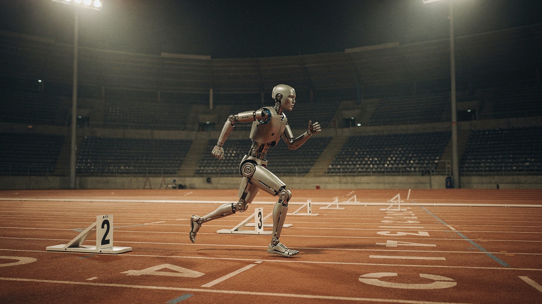 A humanoid robot crossing a stadium finish line at night under a single floodlight beam, rendered in dark olive and ink tones.