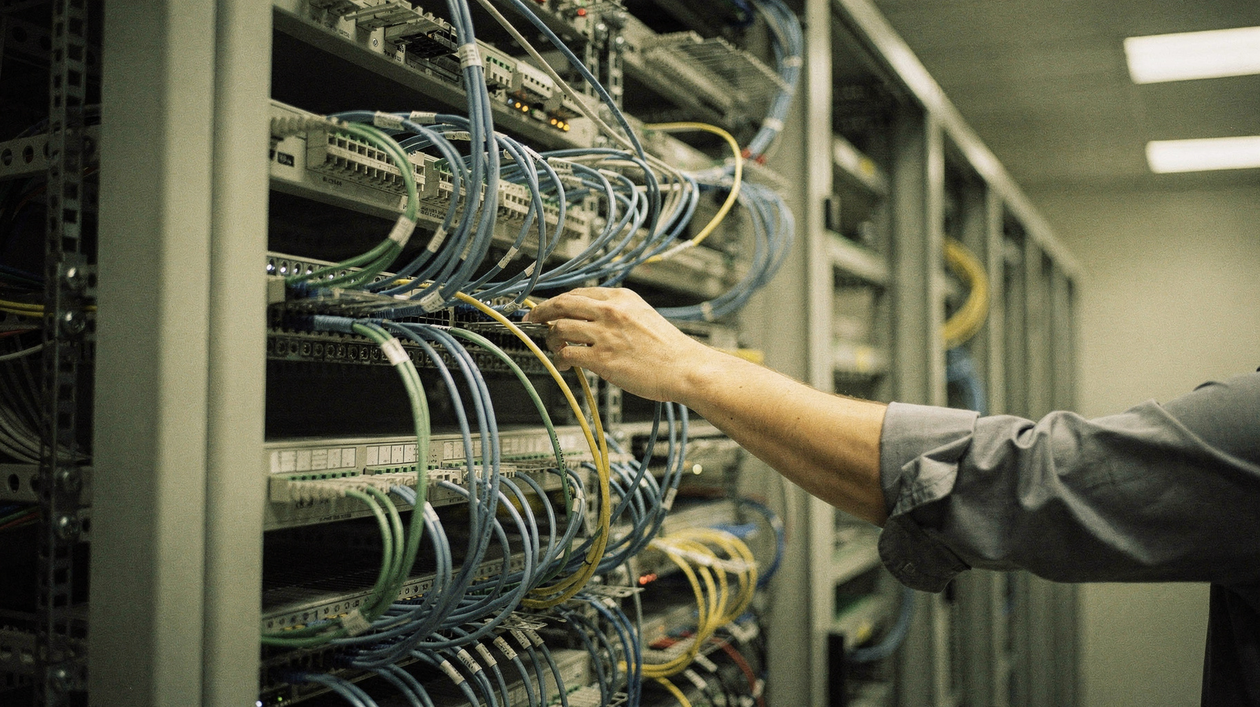 A fiber-optic cable map overlaid on a data center floor plan, with red pathways traced through the connections