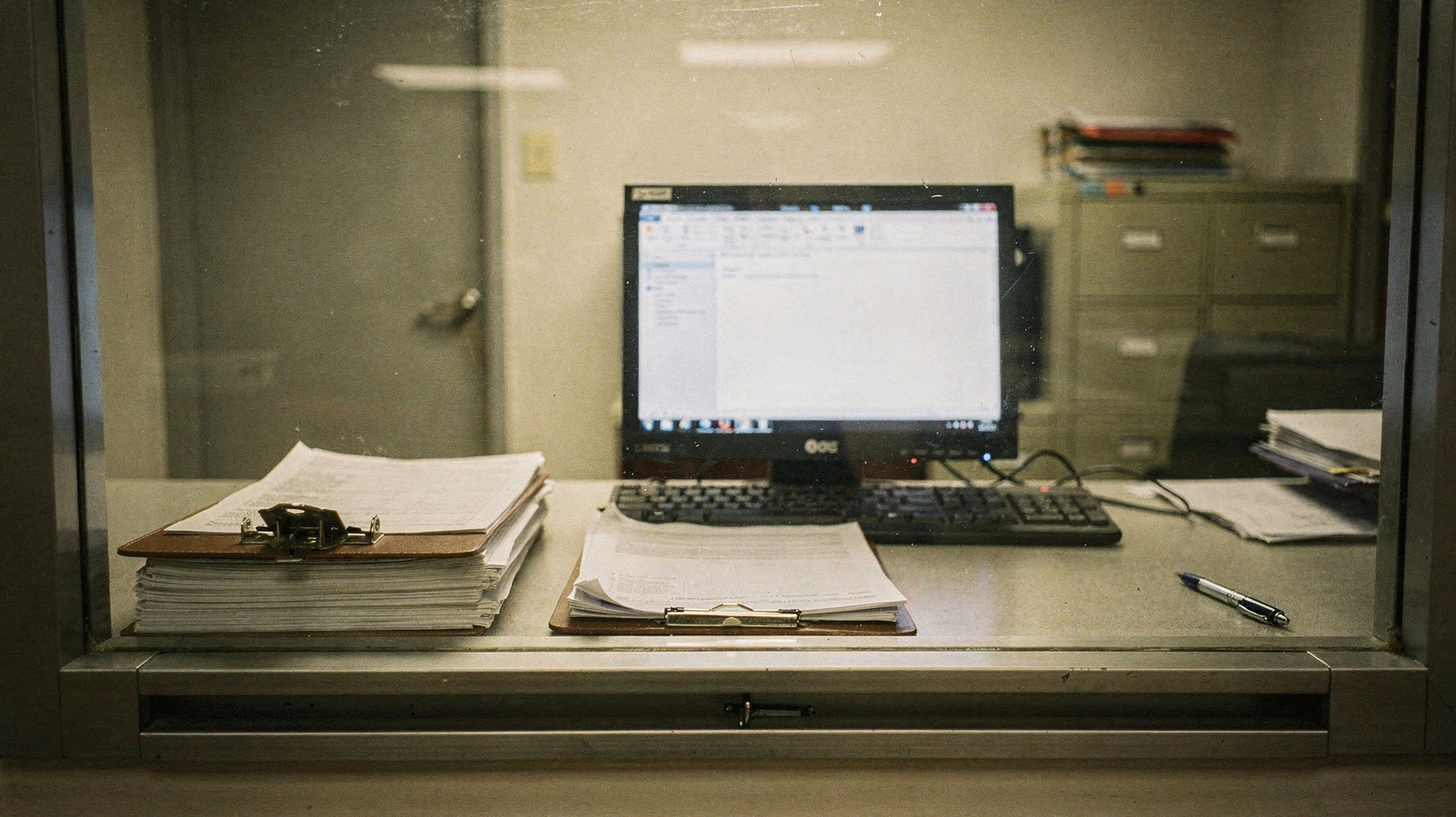 A documentary photograph of a municipal office at night, a desktop computer left on at an intake counter, a stack of blank forms under a clipboard, fluorescent light overhead