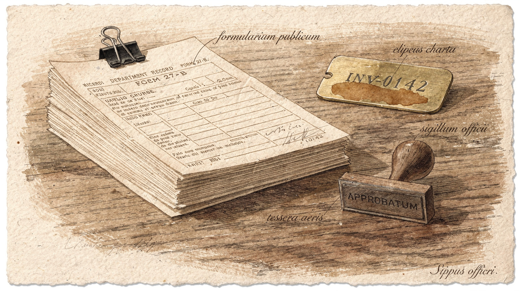 A sepia ink drawing of a stack of printed government forms bound with a binder clip on a worn oak desk, a brass inventory tag and a stamp lying beside the stack