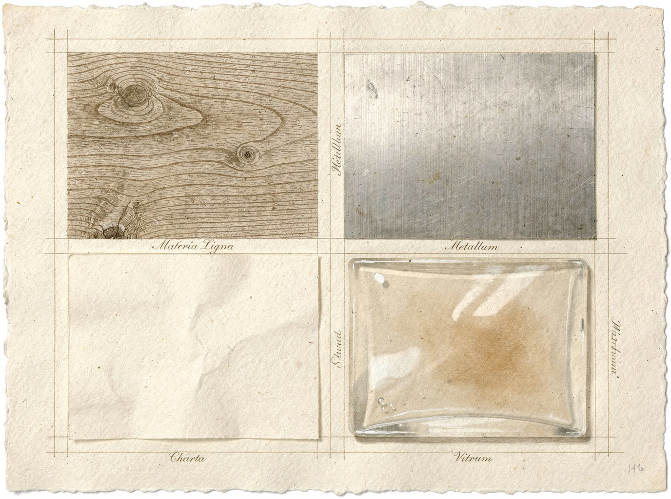 Four abstract territories — wood, metal, paper, glass — arranged in a grid, each player holding two of four required pieces.
