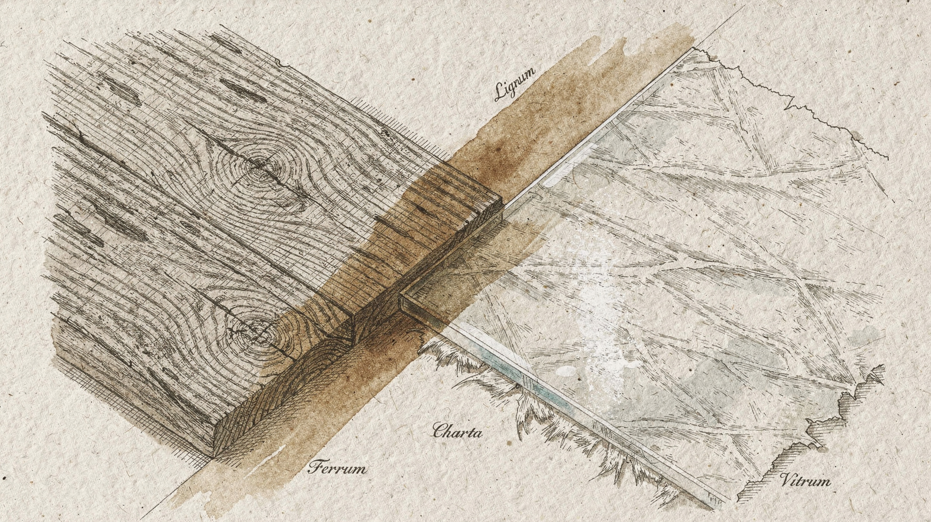 Four abstract territories — wood, metal, paper, glass — colliding at a central fault line on a dark desk, representing the AI design tool land grab.