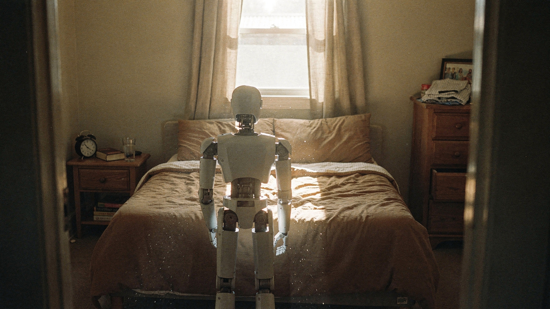 A documentary photograph of an ordinary suburban bedroom, a comforter half smoothed over the mattress with two pillows squared at the head, a bipedal humanoid robot standing at the foot of the bed seen from behind in soft morning light
