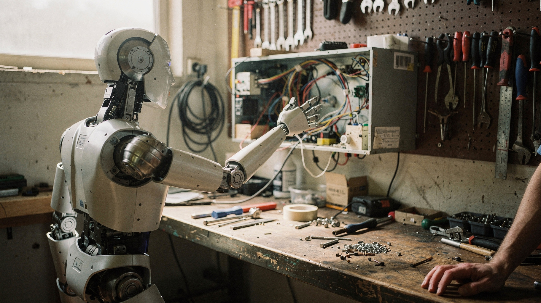 A humanoid robot torso reaching toward an exposed wiring panel