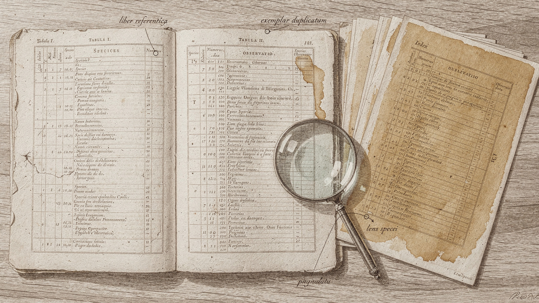 A sepia ink drawing of an open reference book with dense tables beside a fanned stack of photocopied pages, a magnifying glass resting on the open page