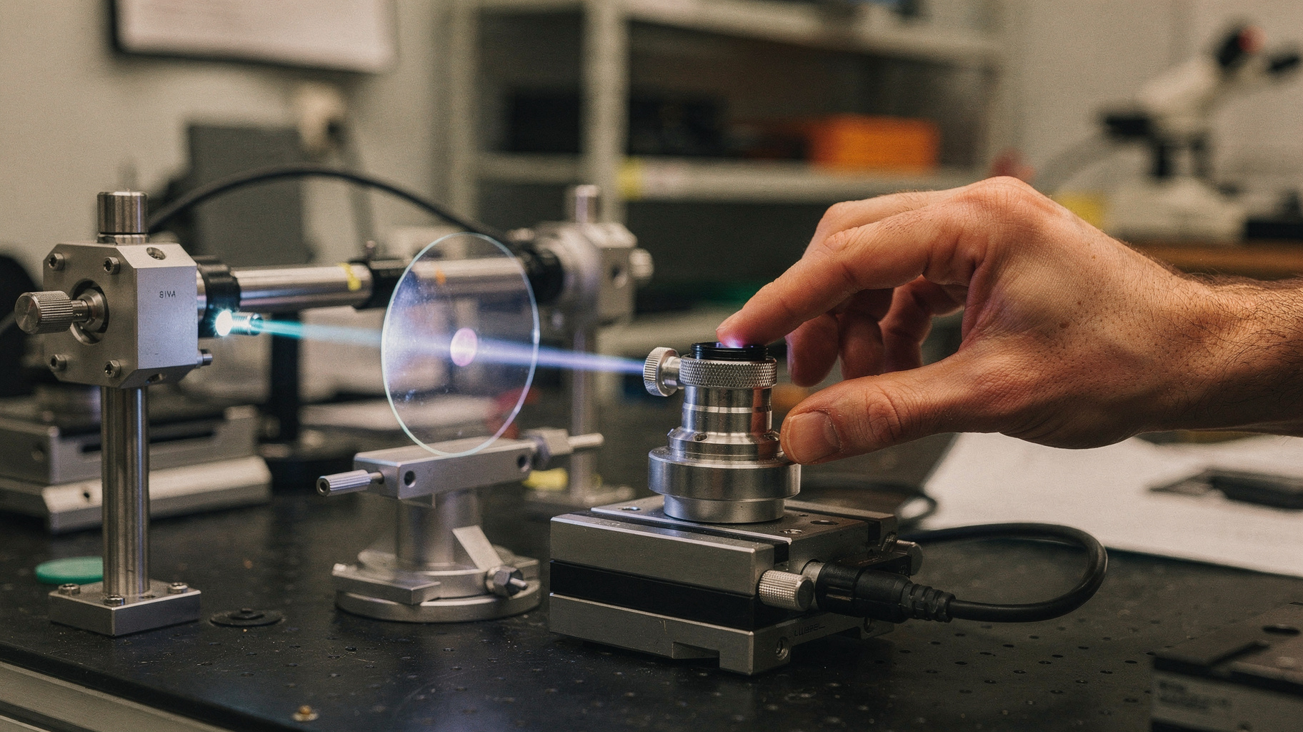 A beam of light refracting through a silicon wafer