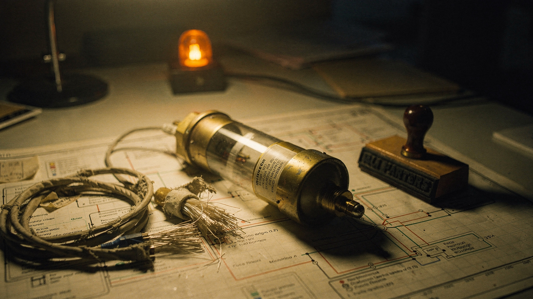 an archival darkroom print of an oversized gelatin capsule on a vintage network routing map, frayed fiber optic cable coiled beside it, amber warning lamp in haze.