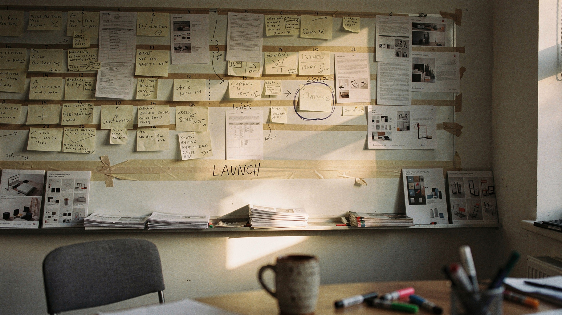 A documentary photograph of a studio wall covered in a hand-drawn timeline of index cards and printed pages spanning more than a year, one card circled in marker, a desk chair and coffee mug in the foreground