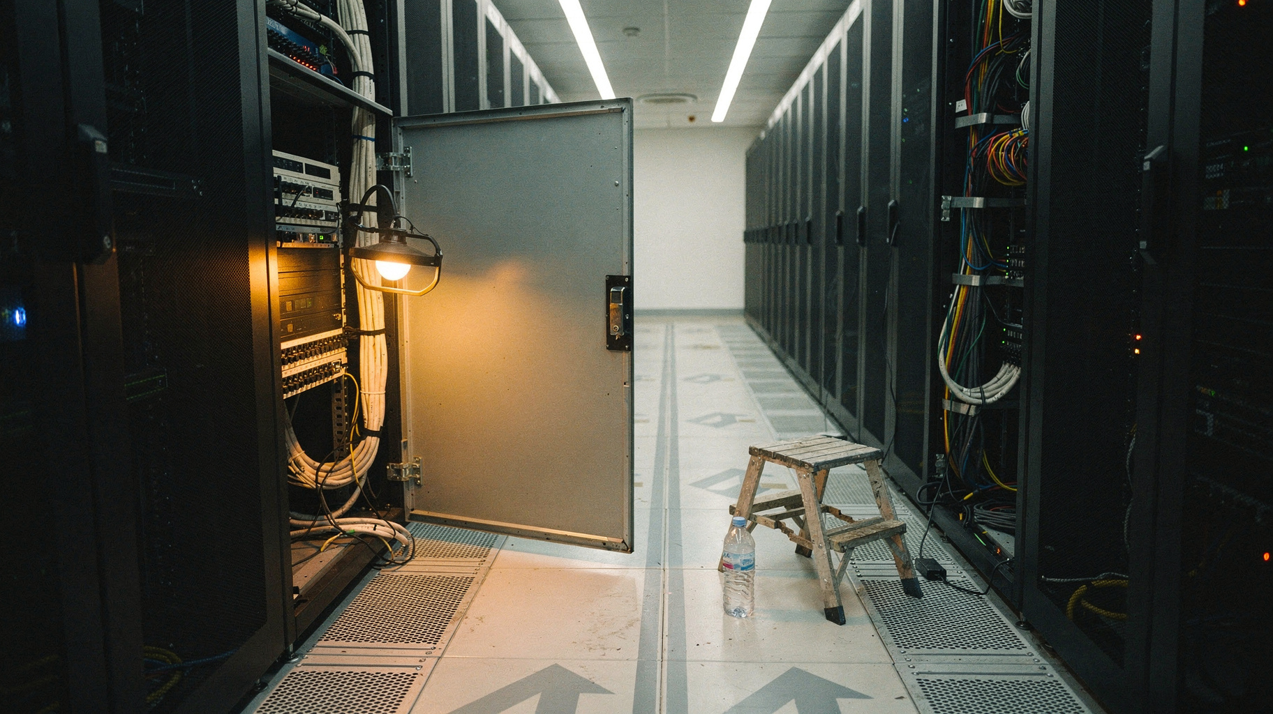 A documentary photograph of a row of matte server racks in a data hall, one rack pulled halfway out on its rails, a rolling ladder and a technician&rsquo;s water bottle on the floor nearby