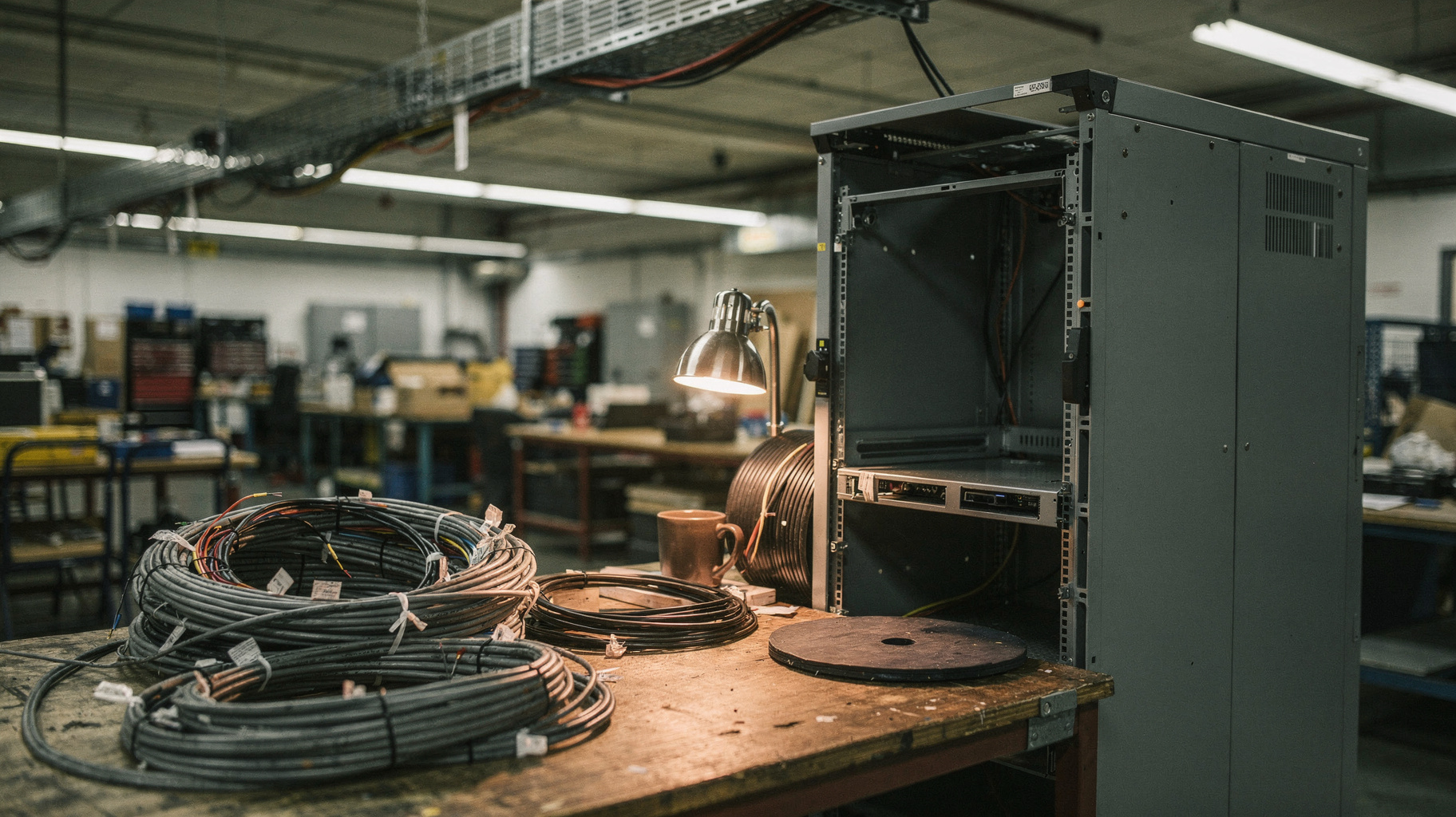 A half-assembled server rack on an integration floor, thick bundles of cable harnesses coiled on a workbench beside it, a coffee mug and spool making the scale