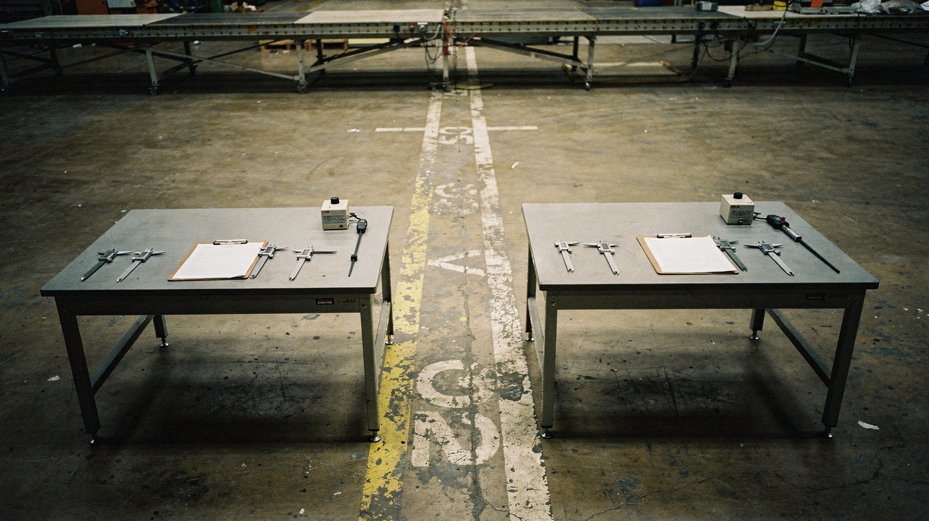 Two identical inspection stations on a factory floor facing one another, clipboards and testing instruments on each bench, overhead industrial light, photographed from a candid documentary distance