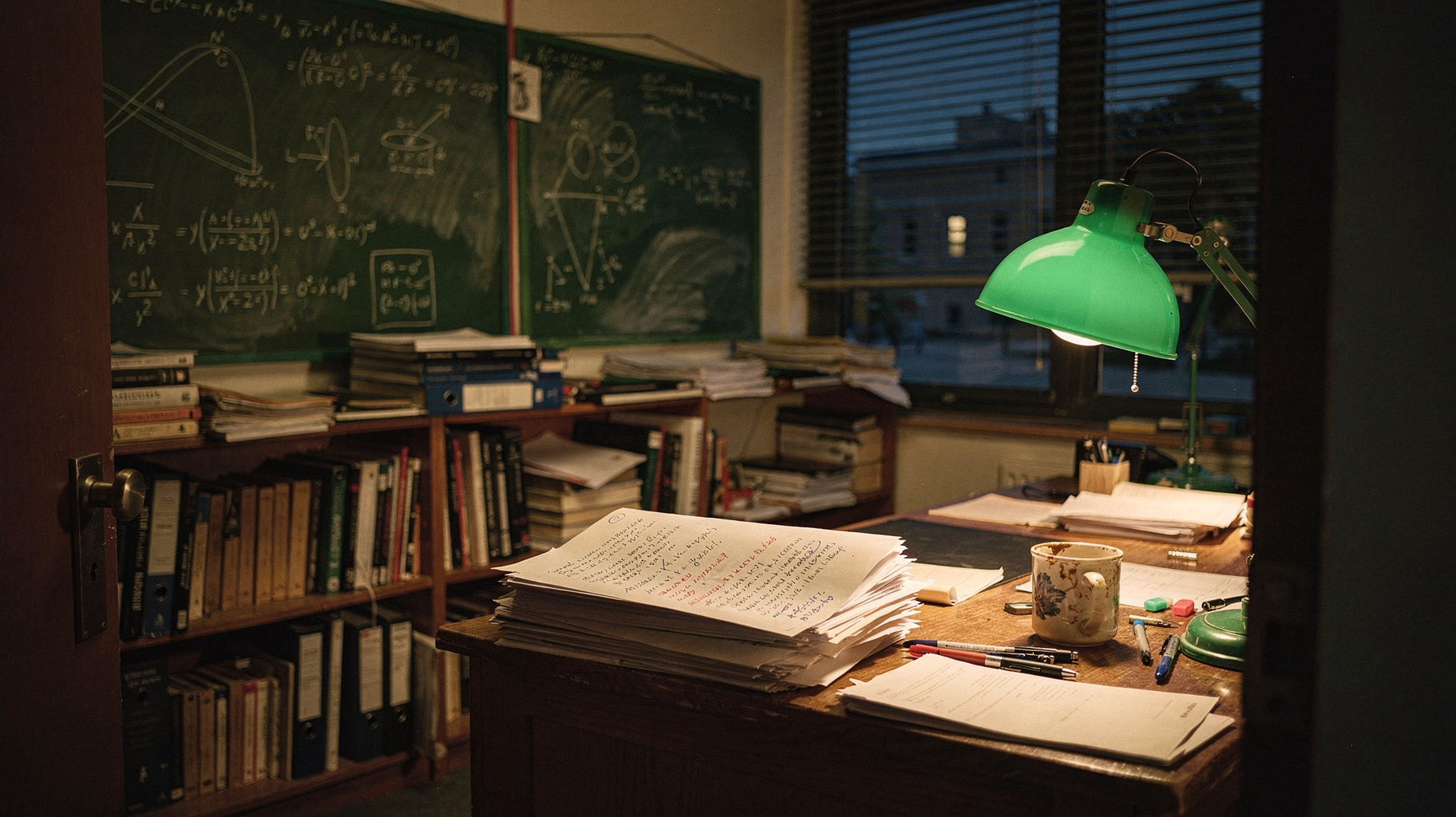 A documentary photograph of a university mathematics office at night, chalkboards dense with fluid equations partially erased, a desk lamp on, a stack of printed proof pages and a coffee mug on the desk