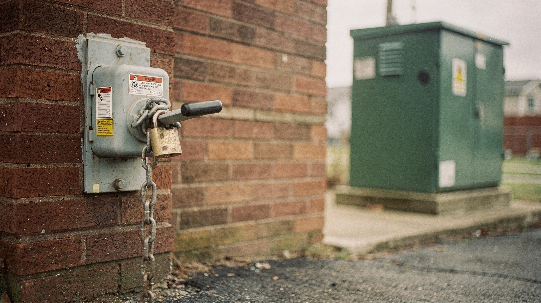 A documentary photograph of a large industrial disconnect lever mounted low on a brick substation wall, secured with a heavy chain and padlock, a transformer cabinet standing behind