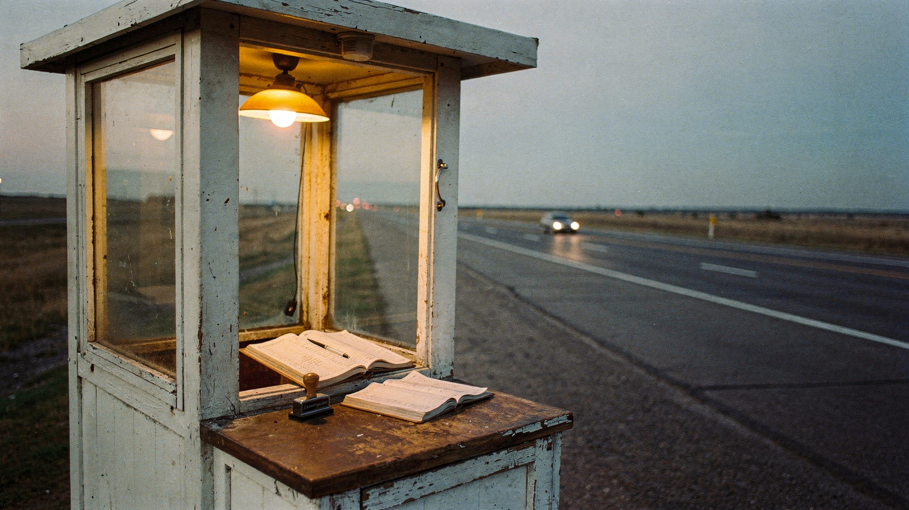 A vintage toll booth on an open highway at dusk, ledger books and a rubber stamp on the counter, a fiber-optic light receding along the road.