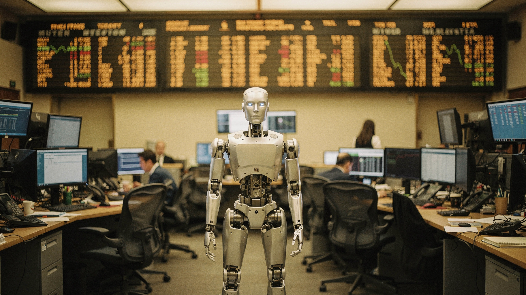 A humanoid robot silhouette beneath a ticker tape of rising share prices, rendered as an archival darkroom print.