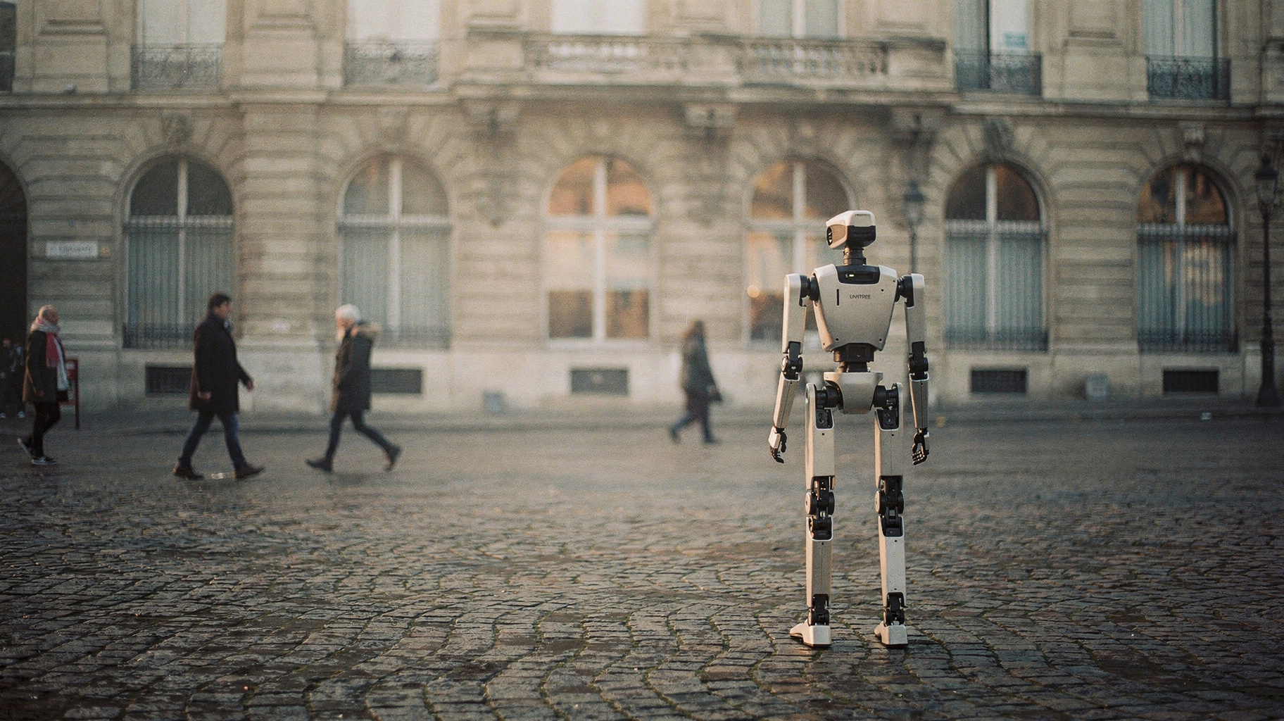 Unitree H2 humanoid robot standing in a European plaza, dawn light