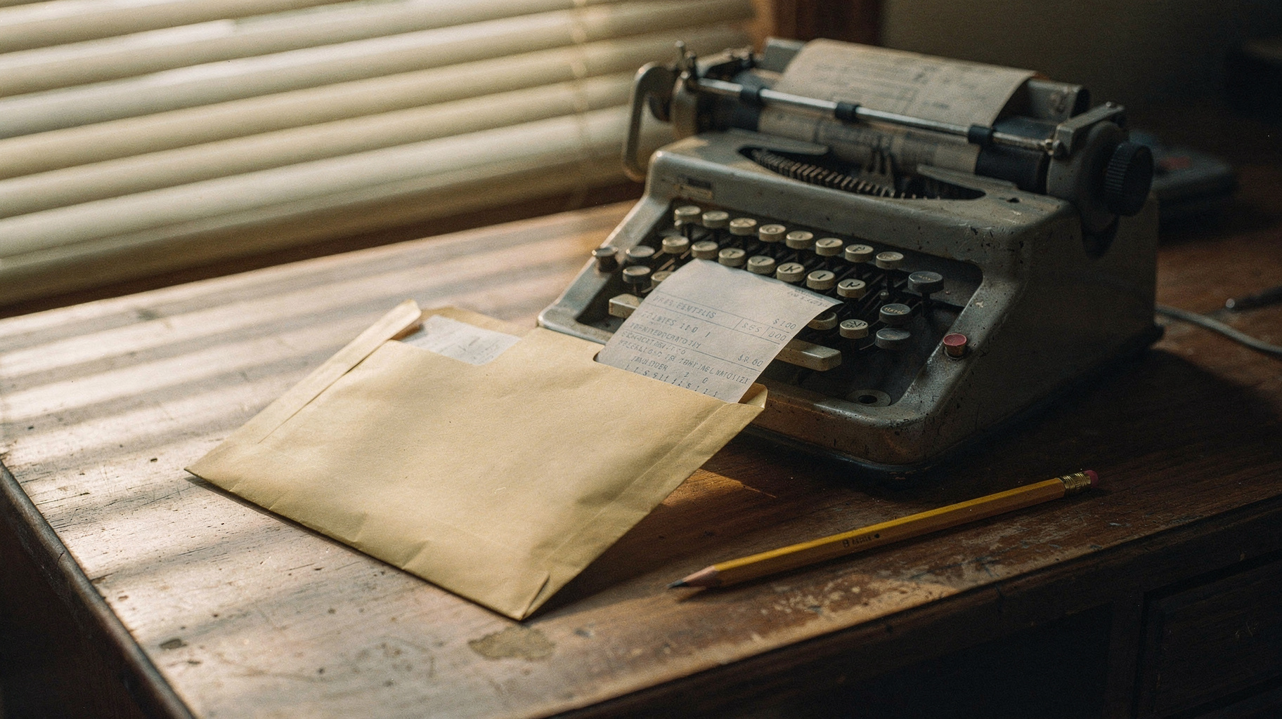 A pay envelope on a wooden desk beside an adding machine and a pencil, a slip of paper half pulled out, late afternoon light through blinds