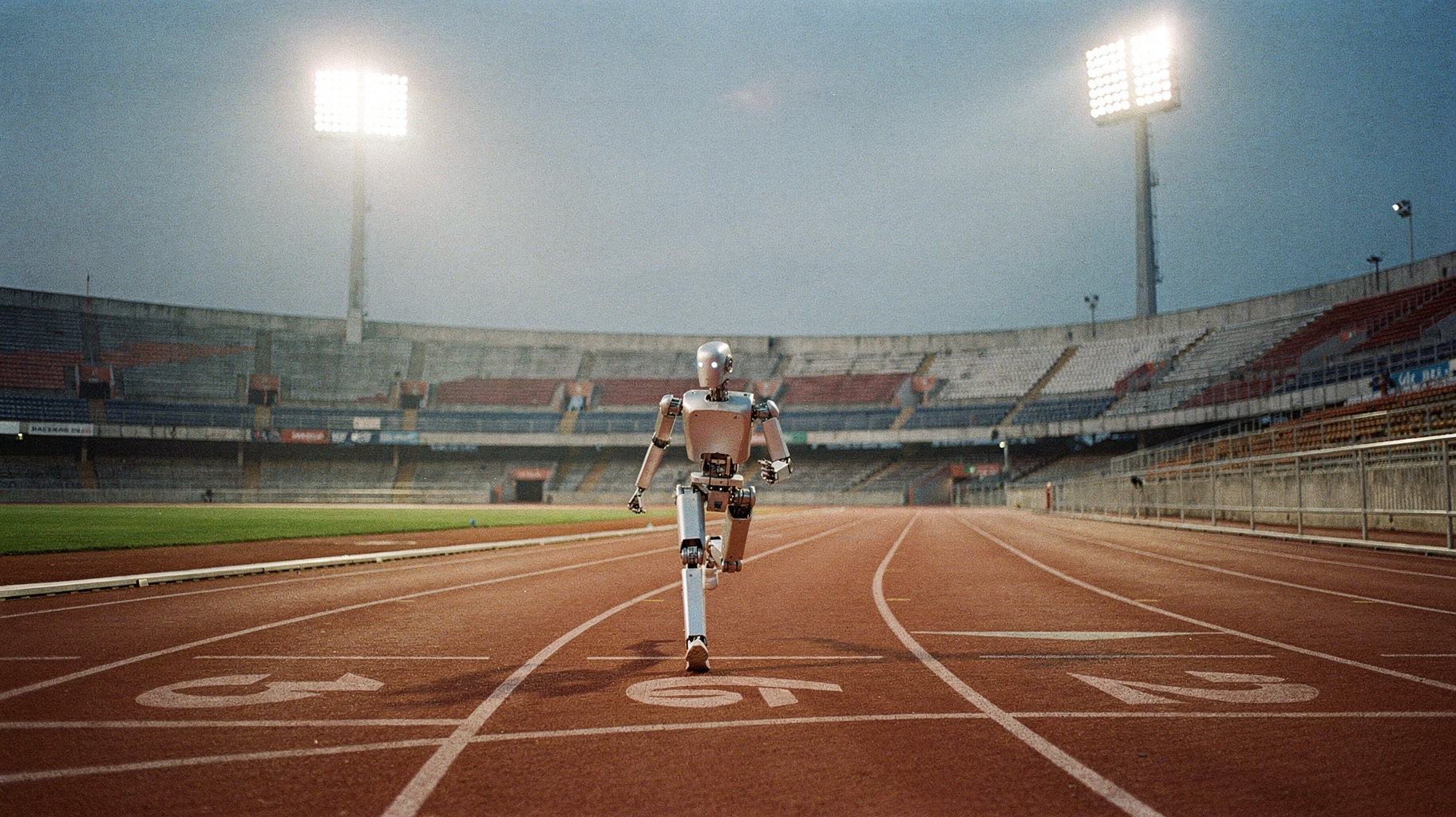 A humanoid robot sprinting on a stadium track under floodlights, rendered in dark olive and ink tones.
