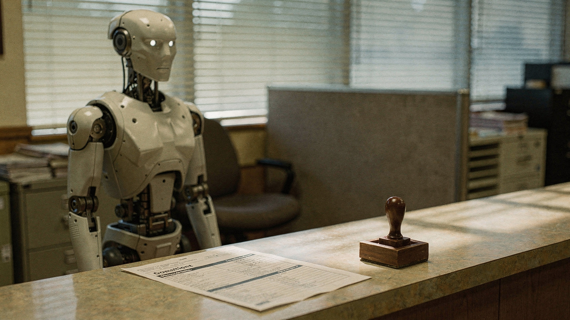 A humanoid robot standing before a municipal government counter with a permitting form, rendered as an archival darkroom print.