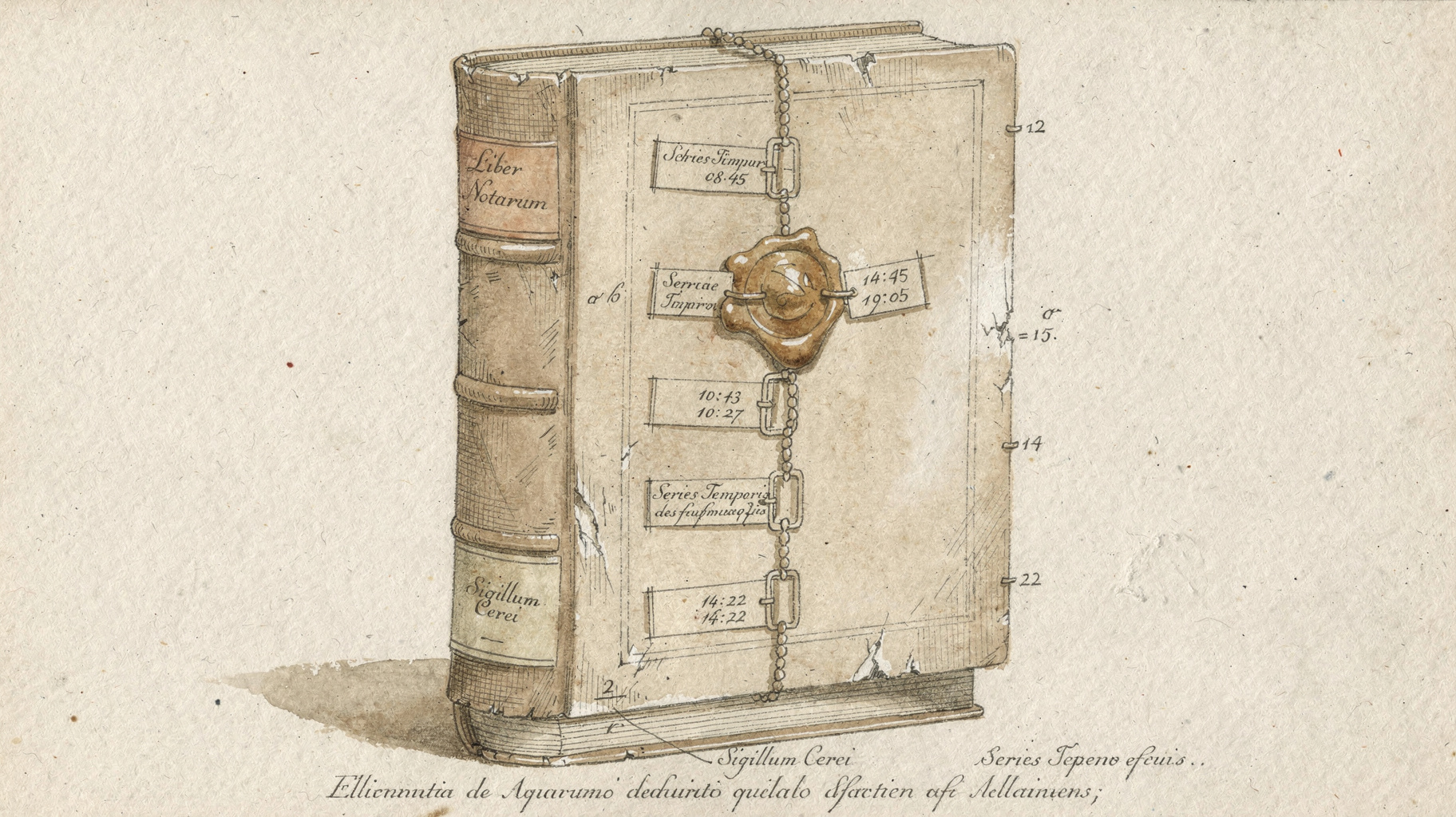 An evidence chain rendered as a sealed ledger, each block timestamped and chained.
