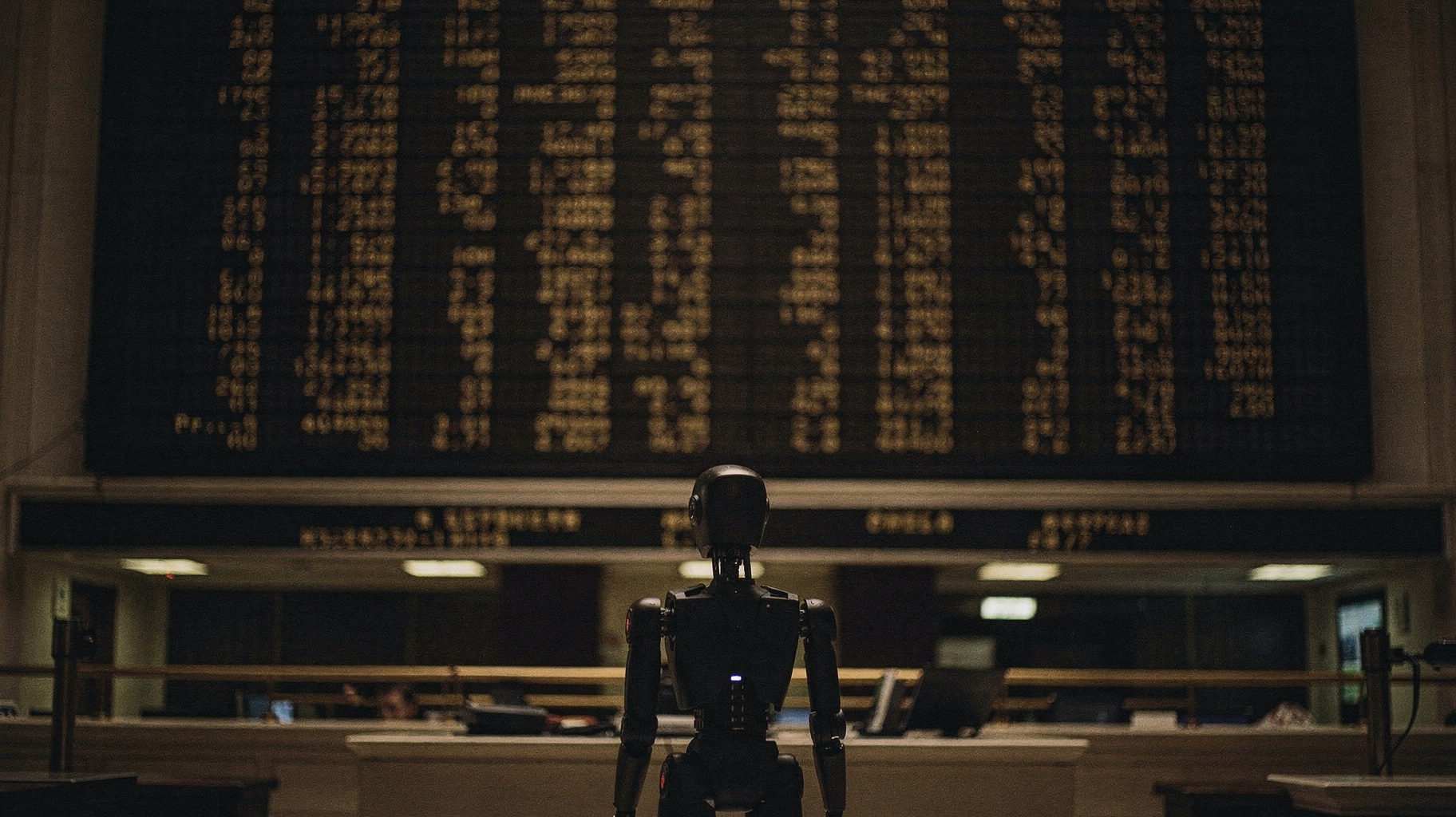A humanoid robot silhouetted against a dark ticker board, rendered as an archival darkroom print.