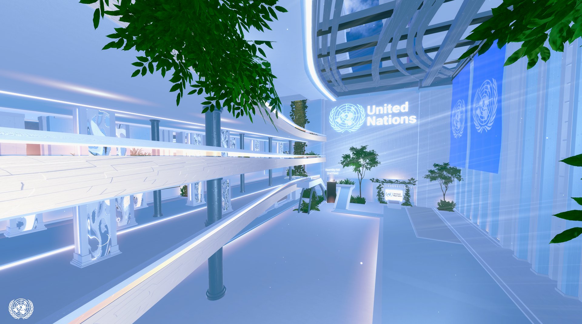 Overview of the entry hall from second-floor height in the virtual Assembly Hall