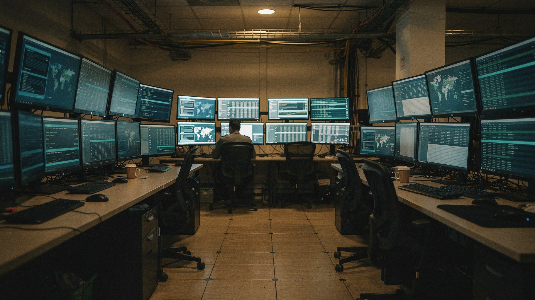A documentary photograph of a network operations center at night, rows of monitors showing traffic dashboards and log streams, two analysts at a far console, cool blue screen light against overhead dark