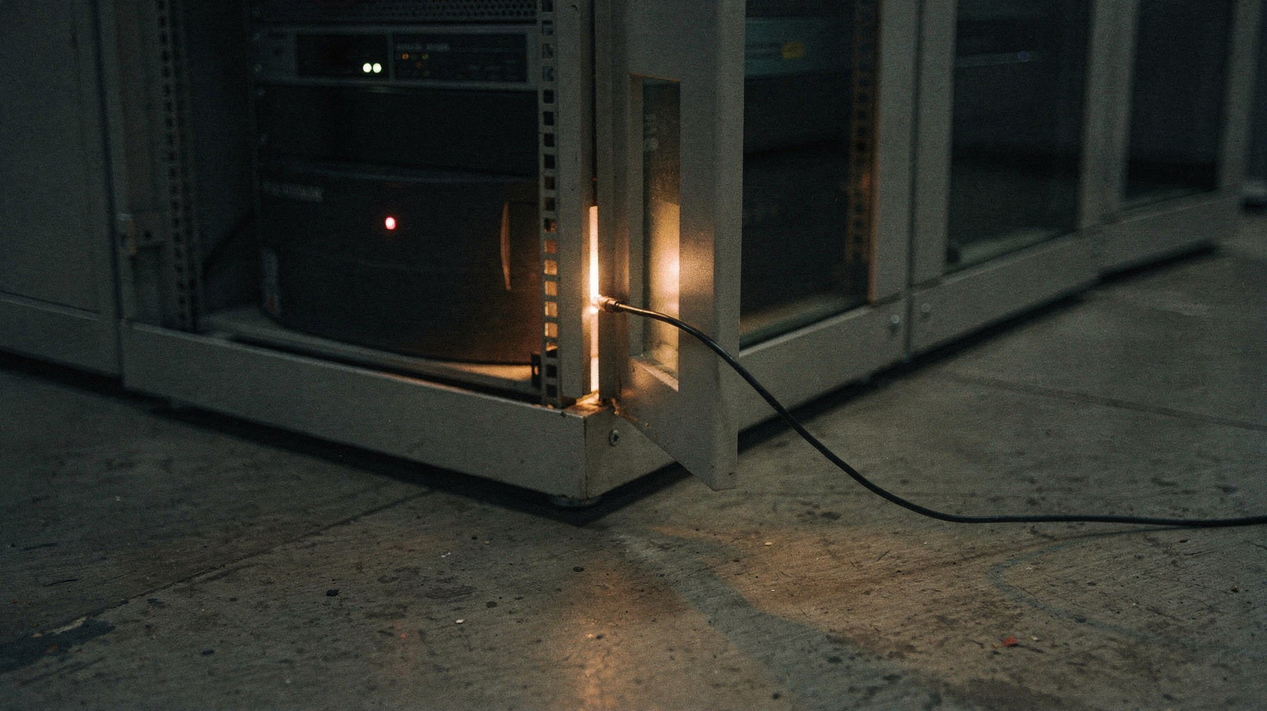 A dim server room at night, a rack-mounted appliance glowing faint amber, a thin fiber cable escaping through a gap in the rack door.