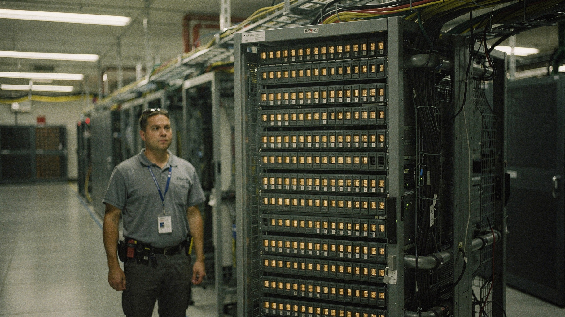 A tall liquid-cooled server rack with 72 glowing slots